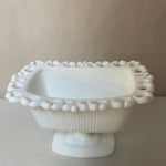 a** Vintage Milk Glass Serving Candy Nut Dish White Ribbed Pedestal Lace Edge 7.25” L