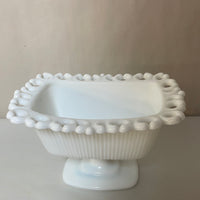 a** Vintage Milk Glass Serving Candy Nut Dish White Ribbed Pedestal Lace Edge 7.25” L