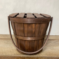 <€€ Large Oval Wood Basket w/ Wood Lid and Dual Handles Brown Sewing