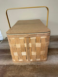 ¥ Vintage Woven Wide Weave Burlington Picnic Basket Metal Handles Wood Top