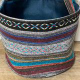 a** Round Boho Hippie Indian Ikat Weave Basket Lined w/ Handles Multi Colored 11.5”
