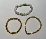 € New Beaded Stretchy Clay Bead Set/3 Bracelets Handmade Kids Teens Green and Gold