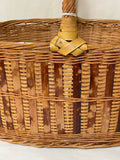 <€€ Oval Wood Woven Rattan Basket w/ Handles Two Tone