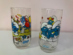 a** Vintage Pair/Set of 2 1980s Smurf Glass Tumblers Clumsy Smurfette Wallace Peyo Berrie & Co