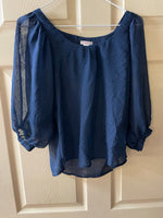 Women Juniors XHILARATION Blue Sheer Peasant 3/4 Sleeve SMALL Hi Low