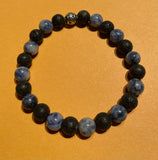 New Black Lava & Blue Glass Beads Stretch Beaded Bracelet Silver Spacer for Womens/Teens Yoga