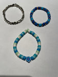 *New Beaded Stretchy Clay Bead Set/3 Bracelets Handmade Kids Teens Blues and Gold Silver