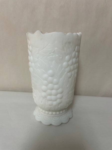 *Vintage Milk Glass Vase White Raised Grape Design Pedestal Flat Finish