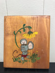 ¥ Vintage MCM Handpainted Mouse Under Flower Wood Art