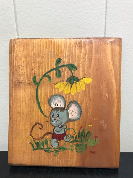 Vintage MCM Handpainted Mouse Under Flower Wood Art