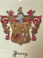 Vintage “PEERY” Family Crest Framed Art Pink & Gold Coat of Arms