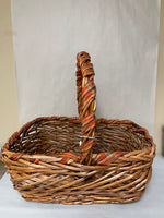 <[add]€€ Large Wood Woven Gathering Basket w/ Handle Wrapped w/ Fall Ribbon