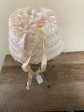 a** Vintage Womens 1950s Straw Hat with Cream Flowers and Ribbon 7” Band