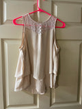 Womens Juniors MONTEAU Large Beige Lace Flowing Hi Lo Sleeveless Top Blouse