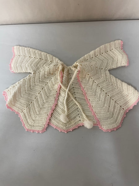 € Vintage Baby Girl Newborn Hand Crochet Ivory Sweater Trimmed in Pink Jacket