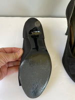 Vintage Womens Chandlers Black Satin Sandal High Heel Peek Toe Size 5M Bow Slip On