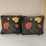 a** Pair/Set of 2 Portofino Tapestry Pillow Red & Yellow Roses on Gray 13”x12” Green Backing-Faded