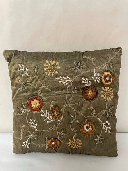 € Square Embroidered & Beaded Pillow on Woven Sheen Fabric Flowers Green & Golds 12”