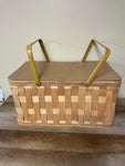 ¥ Vintage Woven Wide Weave Burlington Picnic Basket Metal Handles Wood Top