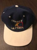 a* Vintage Mens TOMMY HILFIGER Big “H” Embroidery Snapback Cap Hat Dark Blue