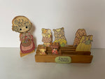 a* Vintage RARE Precious Moments Wood Doll Stick on Clothes Cat & Teddy Bear with Wood Stand