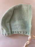 a** Vintage 1960s Baby Girls Green Knit Crochet Bonnet Hat Cap Lightweight