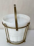 ~ Vintage Milk Glass Vase Planter w/ Brass Basket w/ Handle White 4.75”