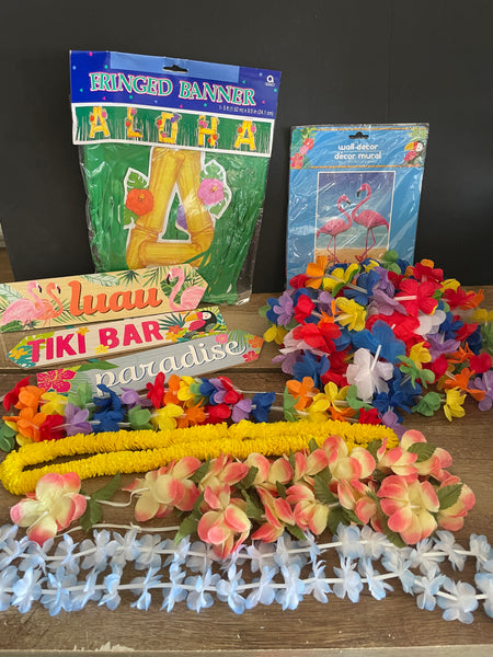 a** New Summer Tiki Bar Pool Party Supply Bundle Banner Mural Wood Bar Sign  (10) Leis