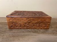 ~¥€ Vintage Rustic Carved Wood Jewelry Lined Trinket Box Lid India