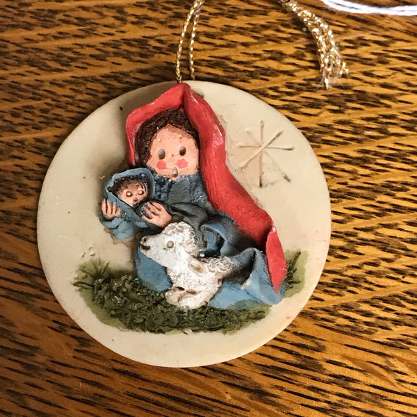 a** Vintage 1987 LaBerge Christmas Holiday Blessed Virgin Mary Baby Jesus Lamb Ornament
