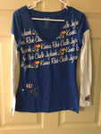 Womens Large KANSAS University JAYHAWKS Rock Chalk Blue TShirt Fitted Long Sleeve