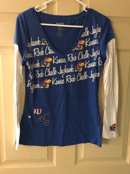 Womens Large KANSAS University JAYHAWKS Rock Chalk Blue TShirt Fitted Long Sleeve