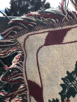 VINTAGE Woven Santa St. Nicholas Large Throw Blanket Fringed Red Green Ivory
