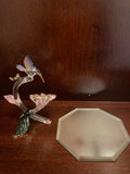 ~€ Glass Blown Hummingbird & Pink Flower Green Leaves Figurine w/ Glass Plate Delicate