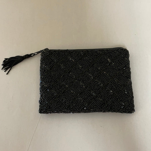 LANCOME Small Black Beaded Evening Bag Purse Lined w/ Tassel Clutch Formal