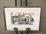 € Vintage Framed Art Etching Pencil Print At Market  “Souk M’rirt” Epreuve d’essai artist E. Valef Signed