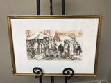 <€€ Vintage Framed Art Etching Pencil Print At Market  “Souk M’rirt” Epreuve d’essai artist E. Valef Signed