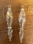 a** Vintage Pair Set/2 Hanging Glass Gold  Etch Icicle Holiday Christmas Ornaments