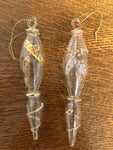 <€€ Vintage Pair Set/2 Hanging Glass Gold  Etch Icicle Holiday Christmas Ornaments