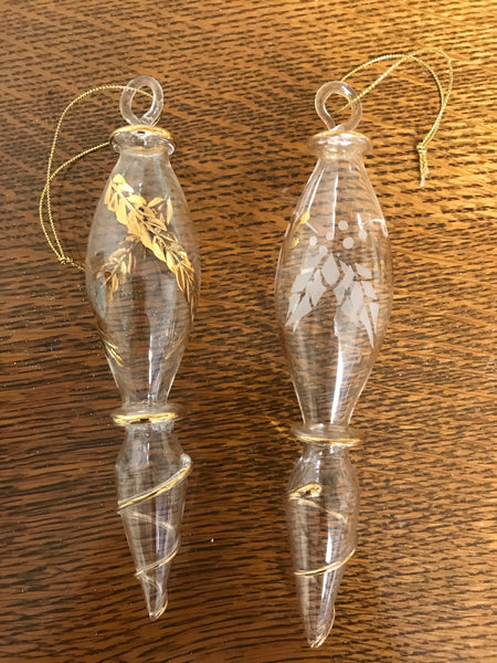 Vintage Pair Set/2 Hanging Glass Gold  Etch Icicle Holiday Christmas Ornaments