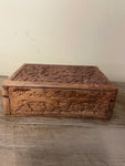 ~¥€ Vintage Rustic Carved Wood Jewelry Lined Trinket Box Lid India