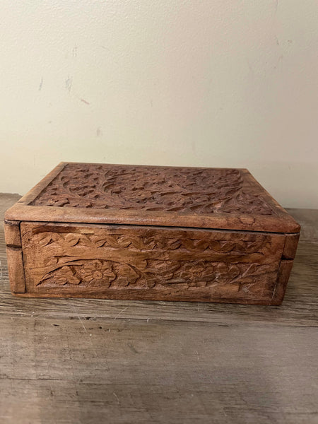 ~¥€ Vintage Rustic Carved Wood Jewelry Lined Trinket Box Lid India