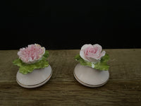 ~€ Vintage Denton Bone China Salt and Pepper Shakers Green with Pink Rose & Carnation Flowers