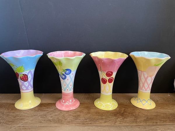 a* Set/4 7” Whimsical Colorful  Soda Fountain Sundae Dessert Dishes Ceramic