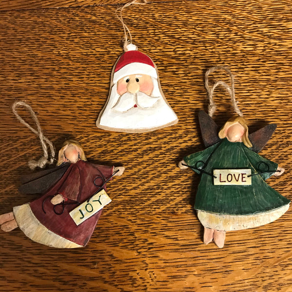 Vintage Set/3 4” Resin Painted Christmas Holiday Ornaments JOY LOVE Santa