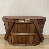 <€€ Large Oval Wood Basket w/ Wood Lid and Dual Handles Brown Sewing