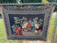 a* Vintage Tapestry Throw Blanket Fruit Basket Grapes Fringed 46” L x 62” W