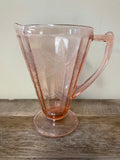 Vintage 7.5” Jeanette Pink Depression Glass Etched Poinsettia Handled Water Lemonade Pitcher