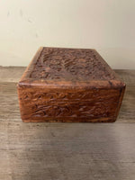 ~¥€ Vintage Rustic Carved Wood Jewelry Lined Trinket Box Lid India