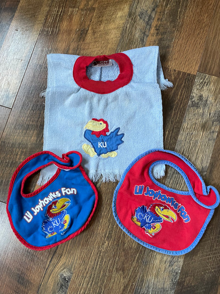 € Set/3 university of Kansas Jayhawks Baby Unisex One Size 100% Cotton Adjustable Bibs